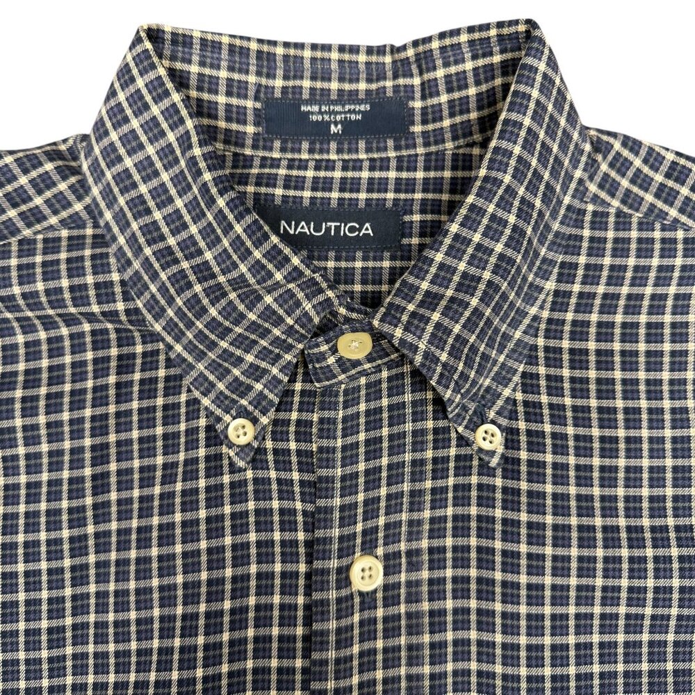 Men's NAUTICA Casual Button Down Shirt Blue Tan Plaid- Size Oversized Medium
